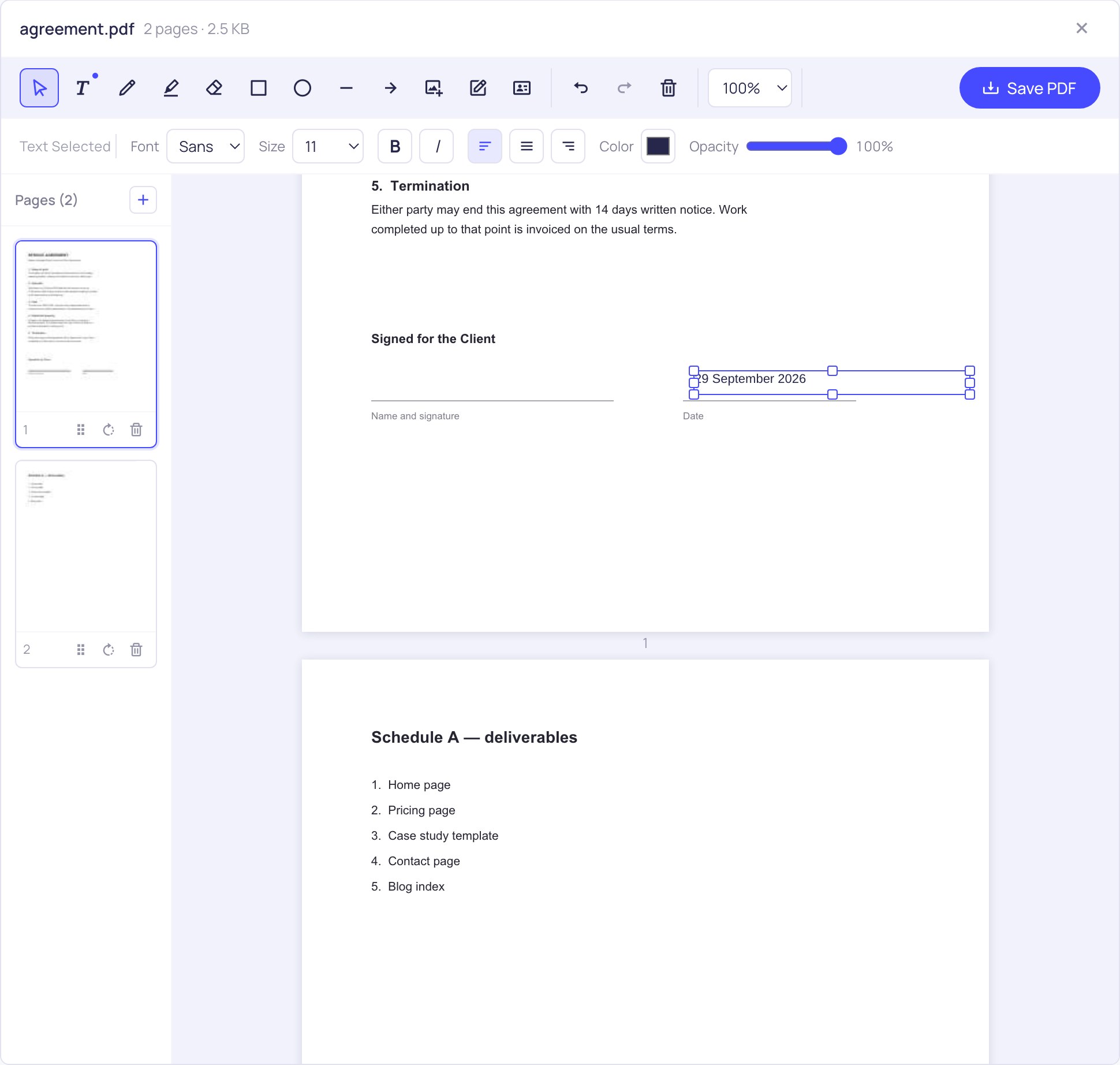 Typing a line of text onto a PDF page with the font and size controls visible