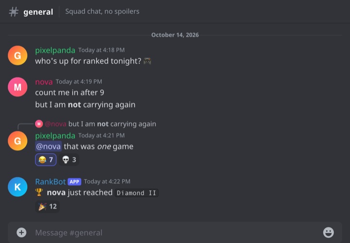 A fake Discord chat in dark mode with role-coloured names, a reply, reactions, a mention and a bot message with the APP tag