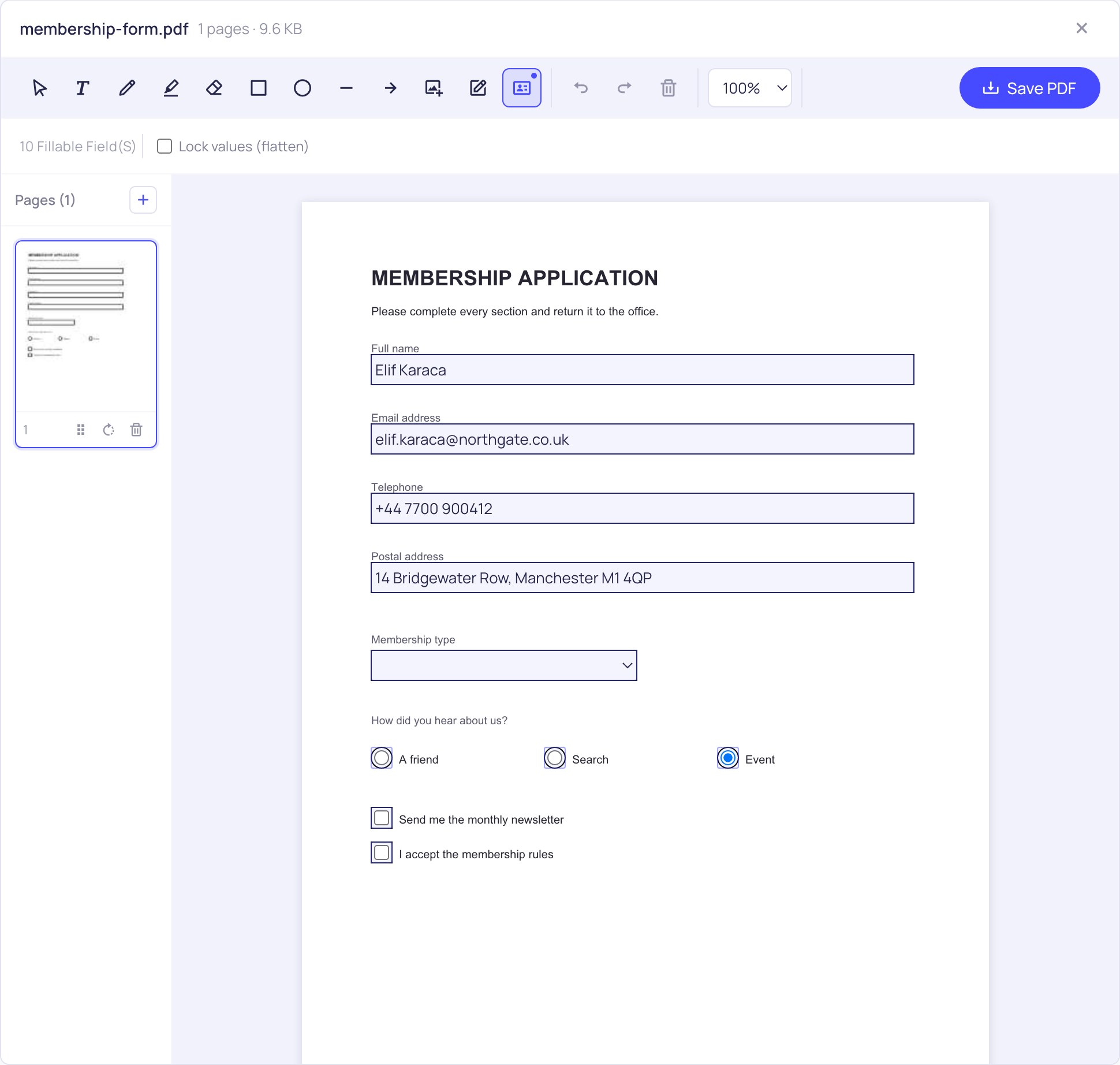 Typing answers into the detected fields of a fillable PDF form