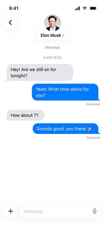 A fake iMessage conversation generated with the iMessage Chat Generator tool