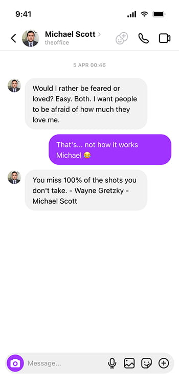 A fake Instagram DM conversation generated with the Instagram DM Generator tool