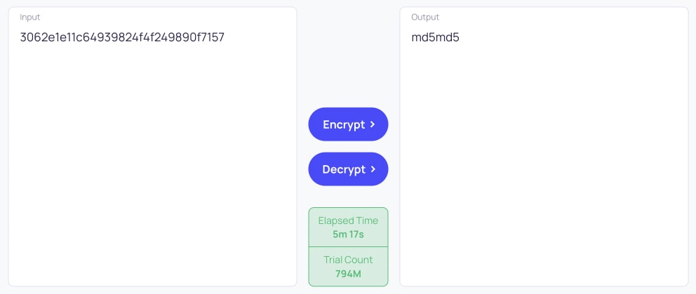 MD5 Decryption with Successful Result after 794 Million Trial (Brute Force)