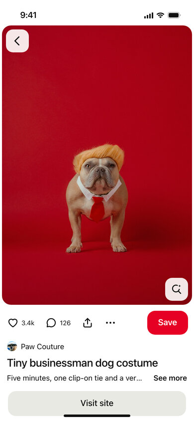 A fake Pinterest pin of a bulldog in a tie and hat, opened in the Pinterest mobile app