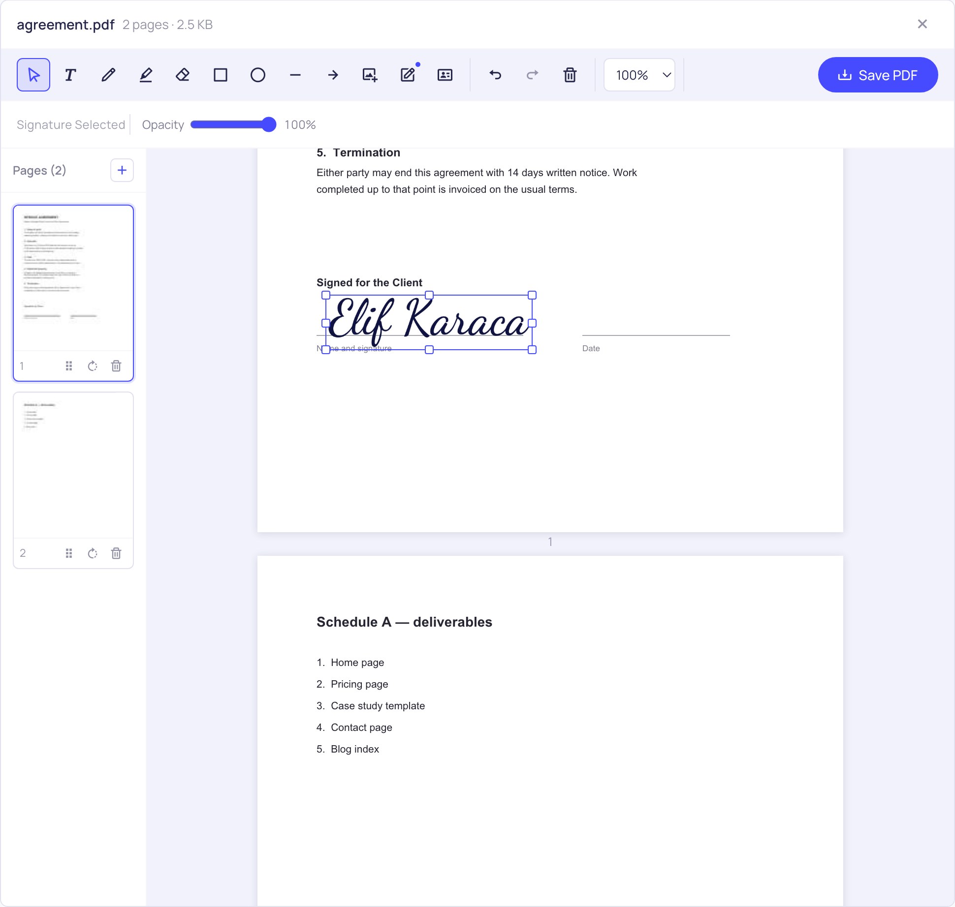 Placing a handwritten signature onto a contract in the online PDF signing tool
