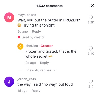 A fake TikTok comment section with a comment liked by the creator, a reply from the creator and like counts