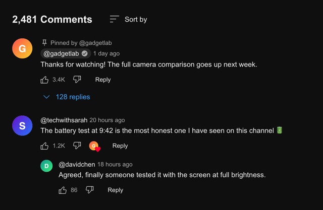 A fake YouTube comment section in dark mode with a pinned comment from the channel owner, a creator heart and a reply
